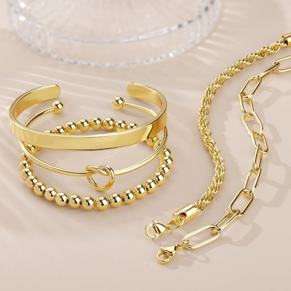 Stackable 14K Gold Plated Bracelet Set Non Tarnish - Picture 5 of 5